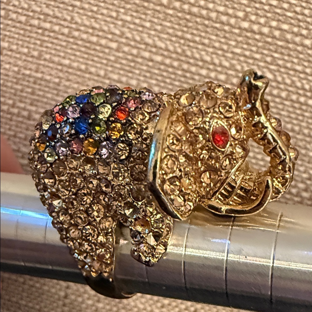 gold-tone elephant fashion ring features multicolor rhinestones